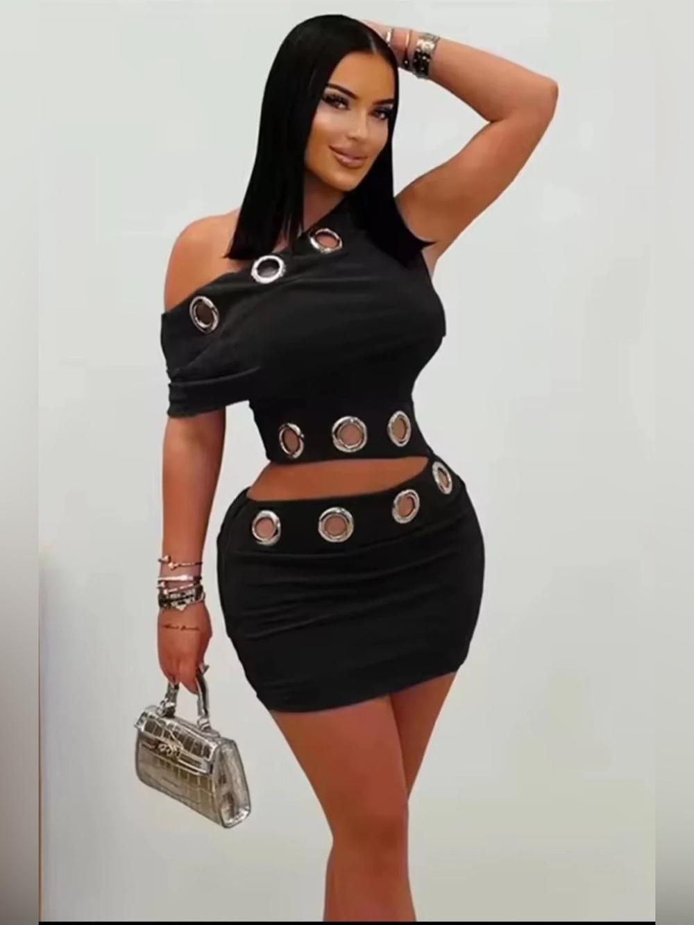 2Pcs Black Cutout Grommet Bodycon Skirt Set- Women